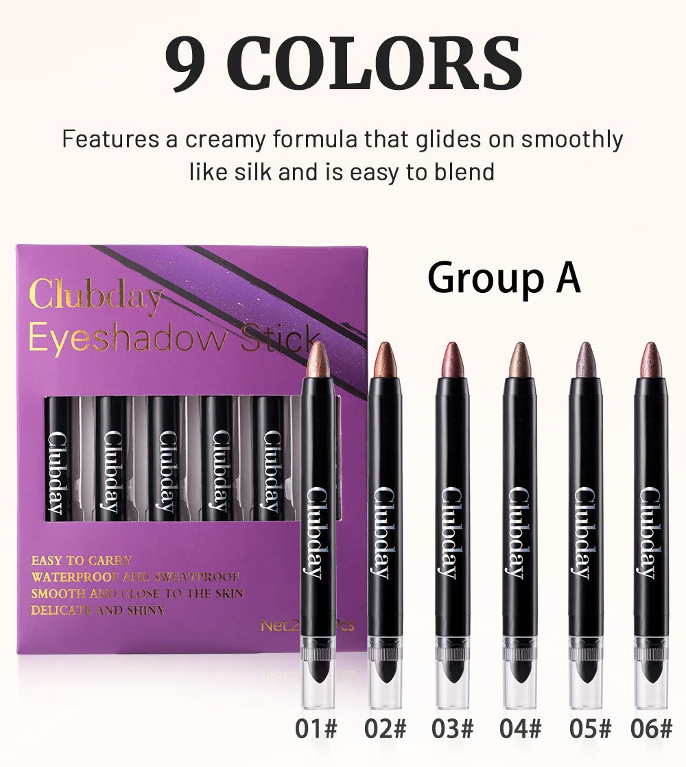 6-Piece 9-Color Eye Shadow Stick Set with 8-Color Pearlescent And 1-Matte Sleeping Silkworm Contour Highlight Eyeshadow Sticks